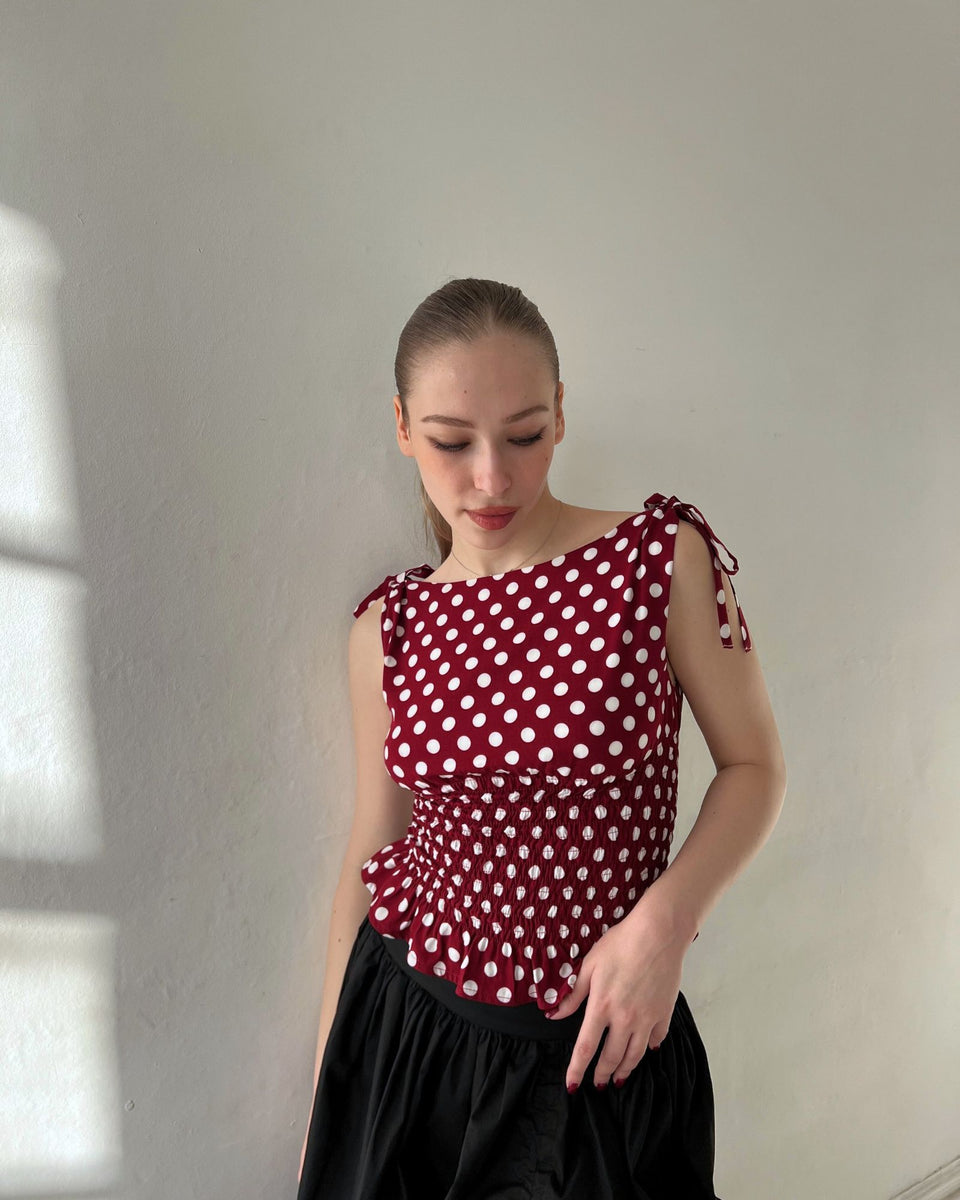 トップス draw drawers polka dots 2way Tops The Amelie Top in Wine Polka Dot – Beasha Studios