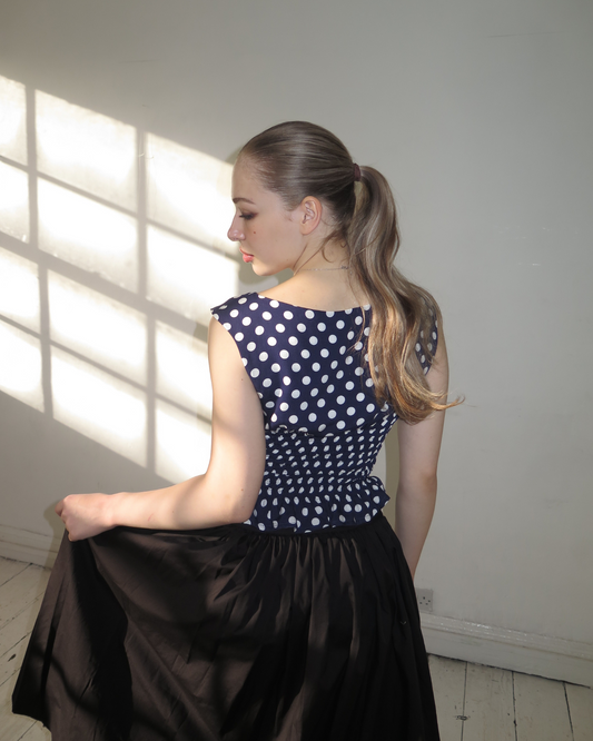 The Amélie Top in Navy Polka Dot