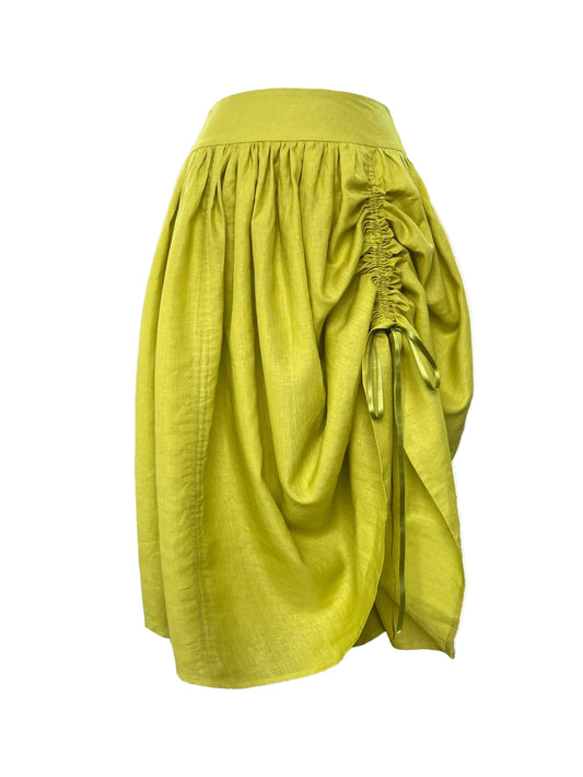 lime green skirt with ruched detail on a white background