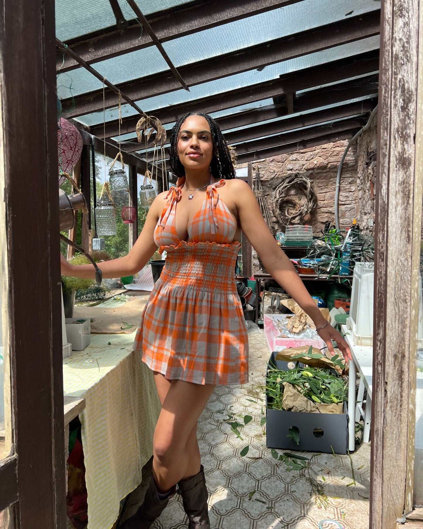 The Mini Freya Dress in Tangerine Check