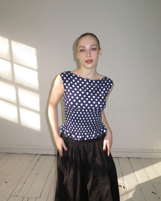 The Amélie Top in Navy Polka Dot