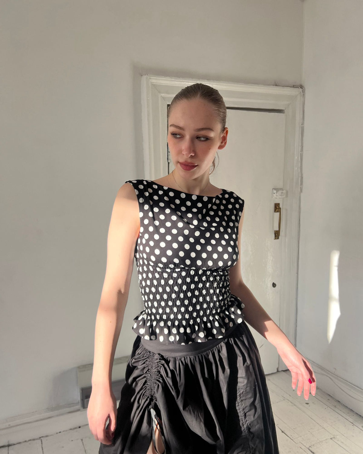 46. The Amelie Top in Black Polka Dot - M