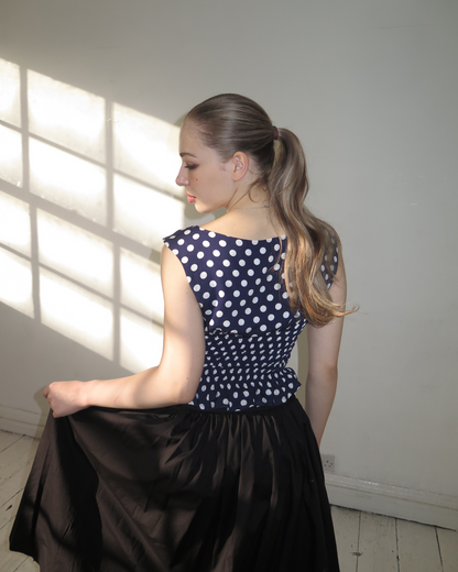 The Amélie Top in Navy Polka Dot