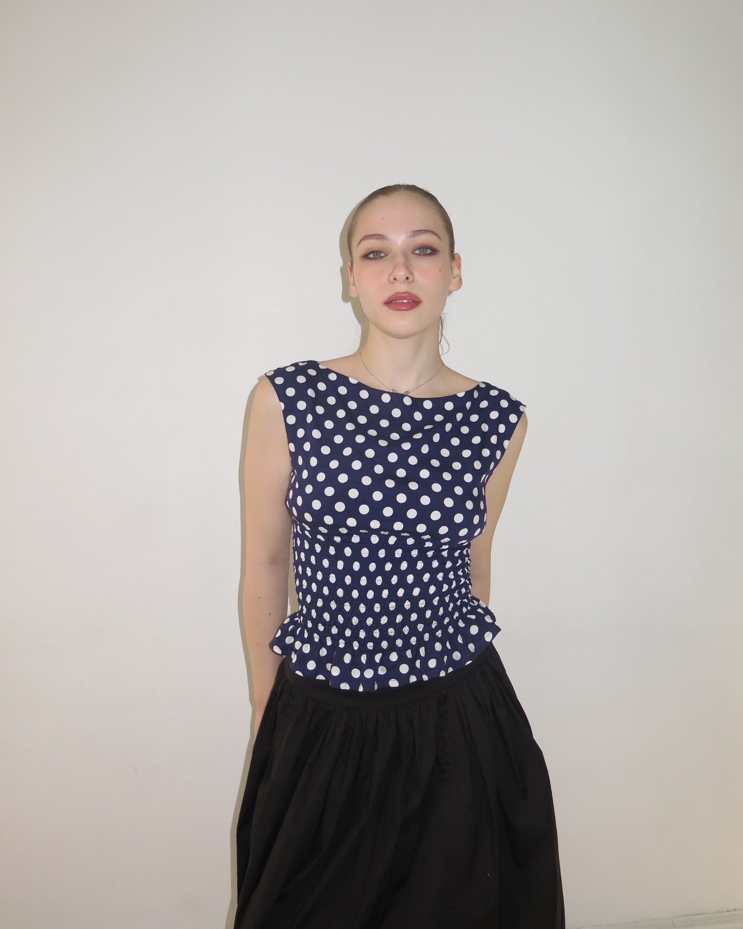 The Amélie Top in Navy Polka Dot