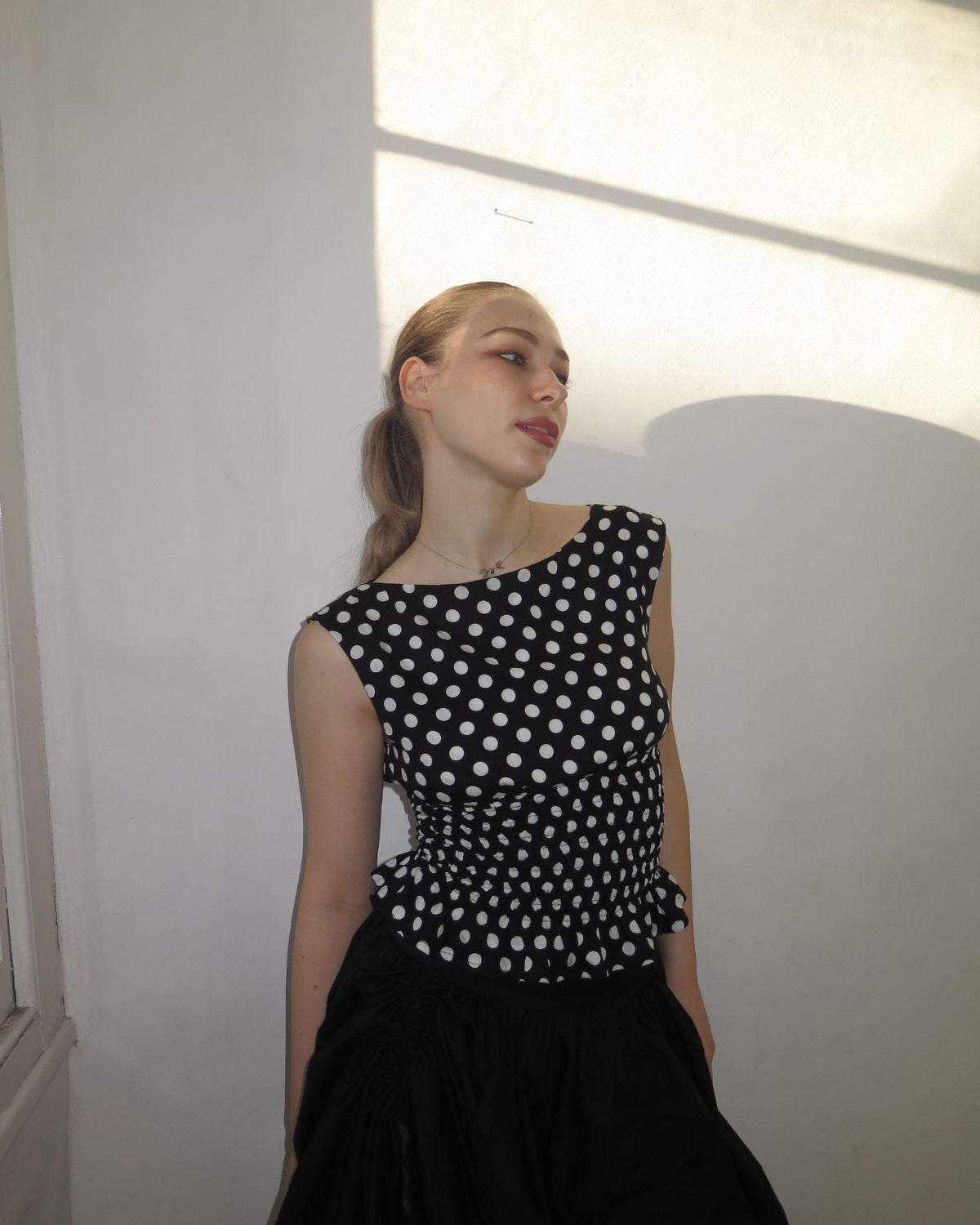 46. The Amelie Top in Black Polka Dot - M