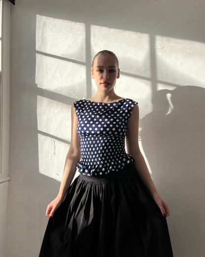 The Amélie Top in Navy Polka Dot