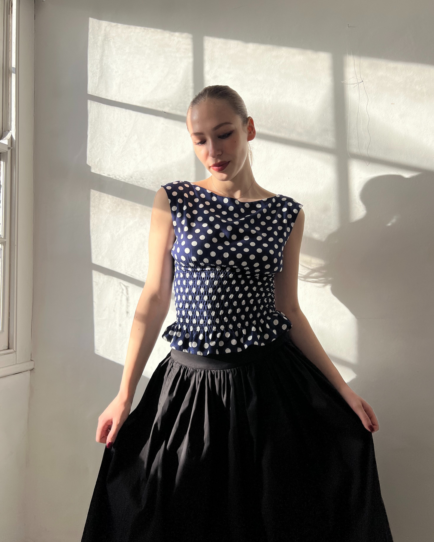 The Amélie Top in Navy Polka Dot