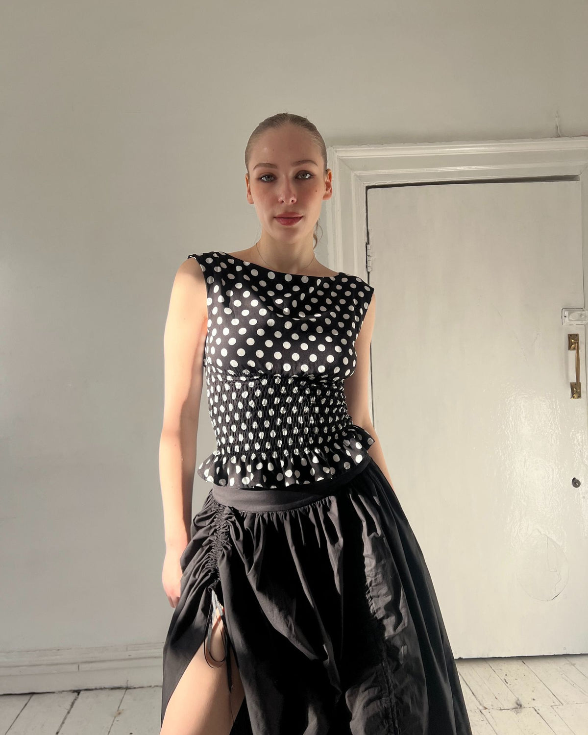 46. The Amelie Top in Black Polka Dot - M