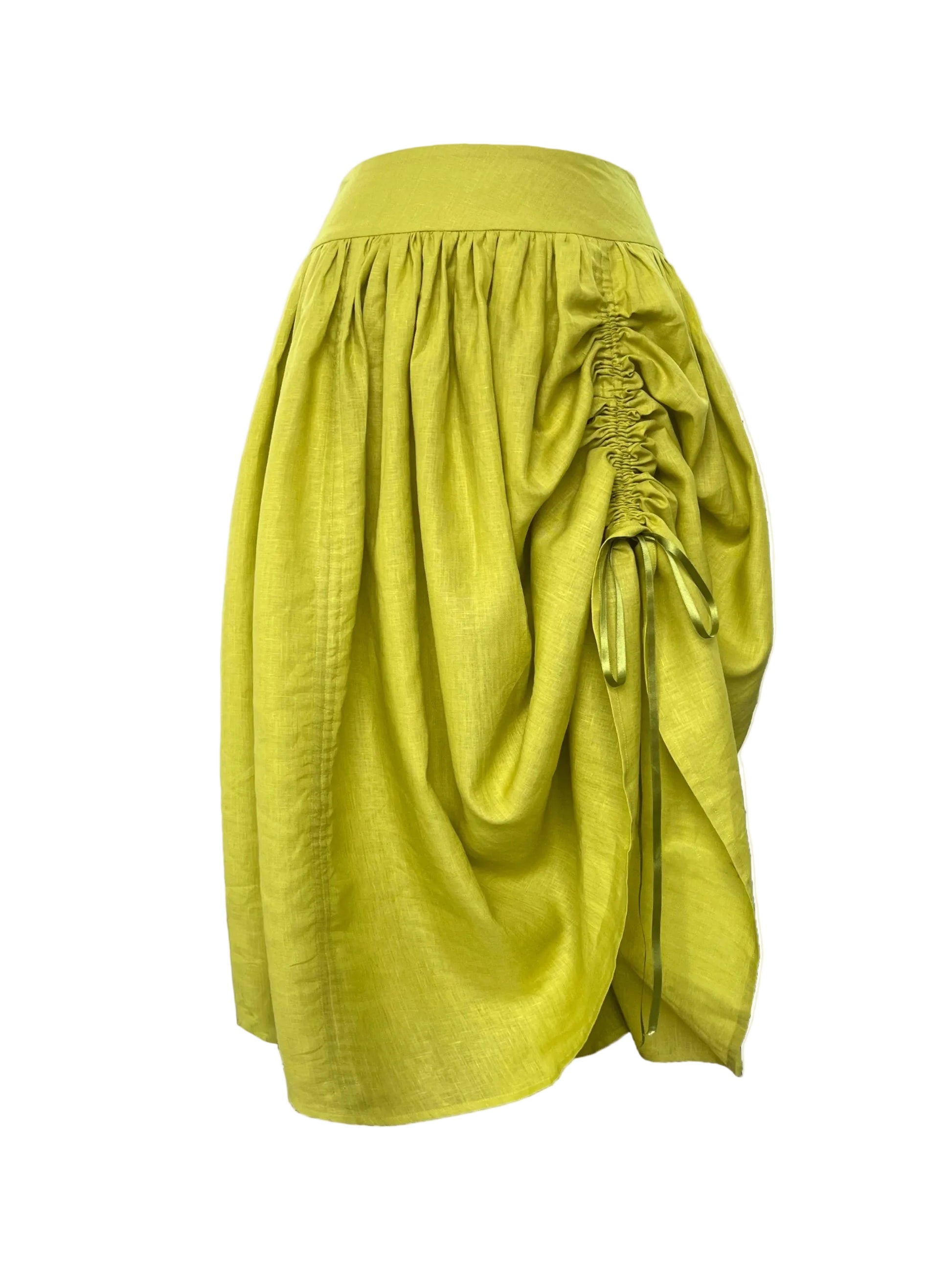 lime green skirt with ruched detail on a white background
