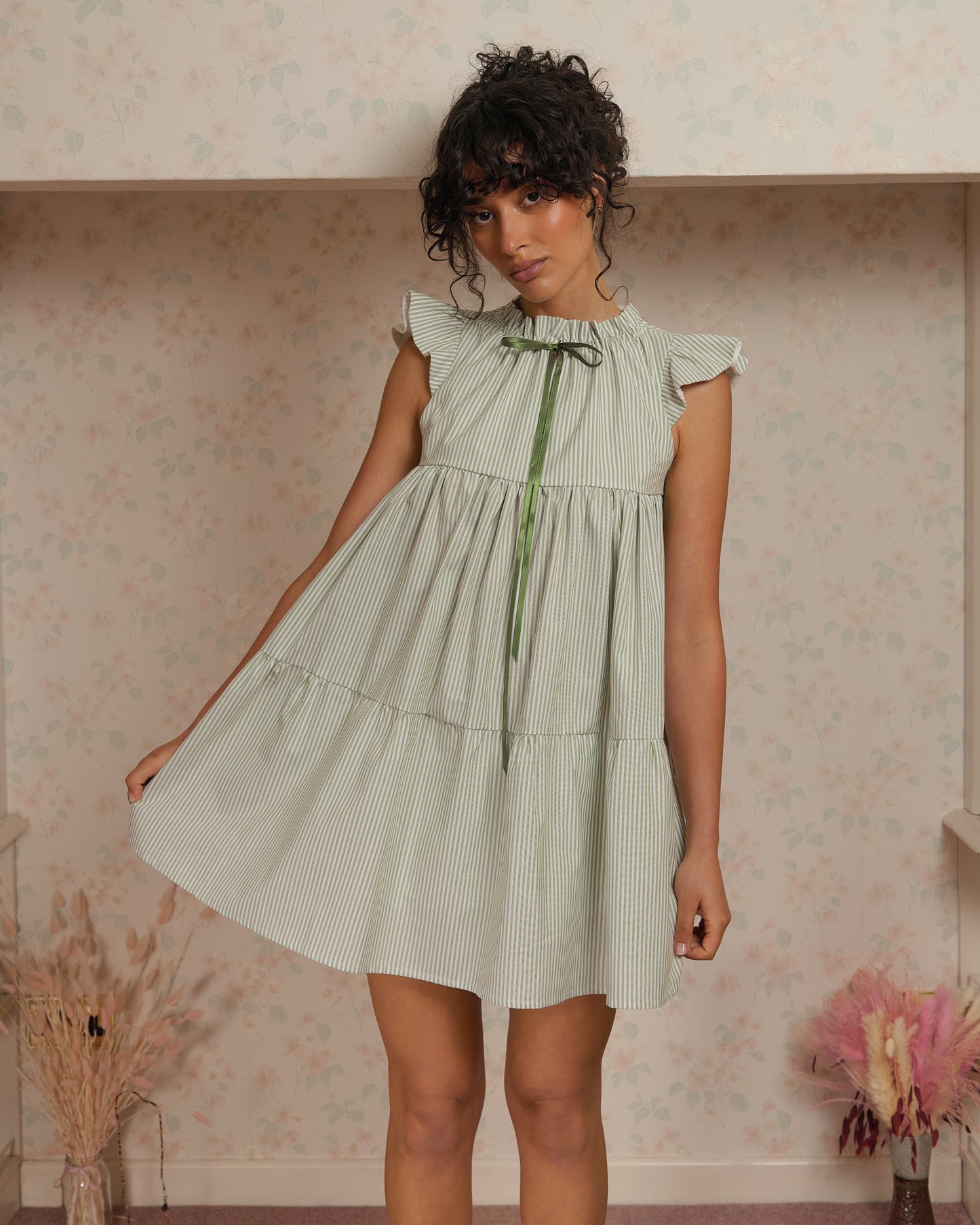 The Savannah Dress in Sage Stripe